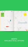 Calendar app interface on a green background with text 'Month Available in All Options'.