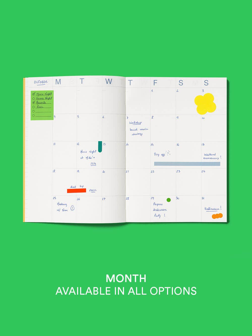 Calendar app interface on a green background with text 'Month Available in All Options'.