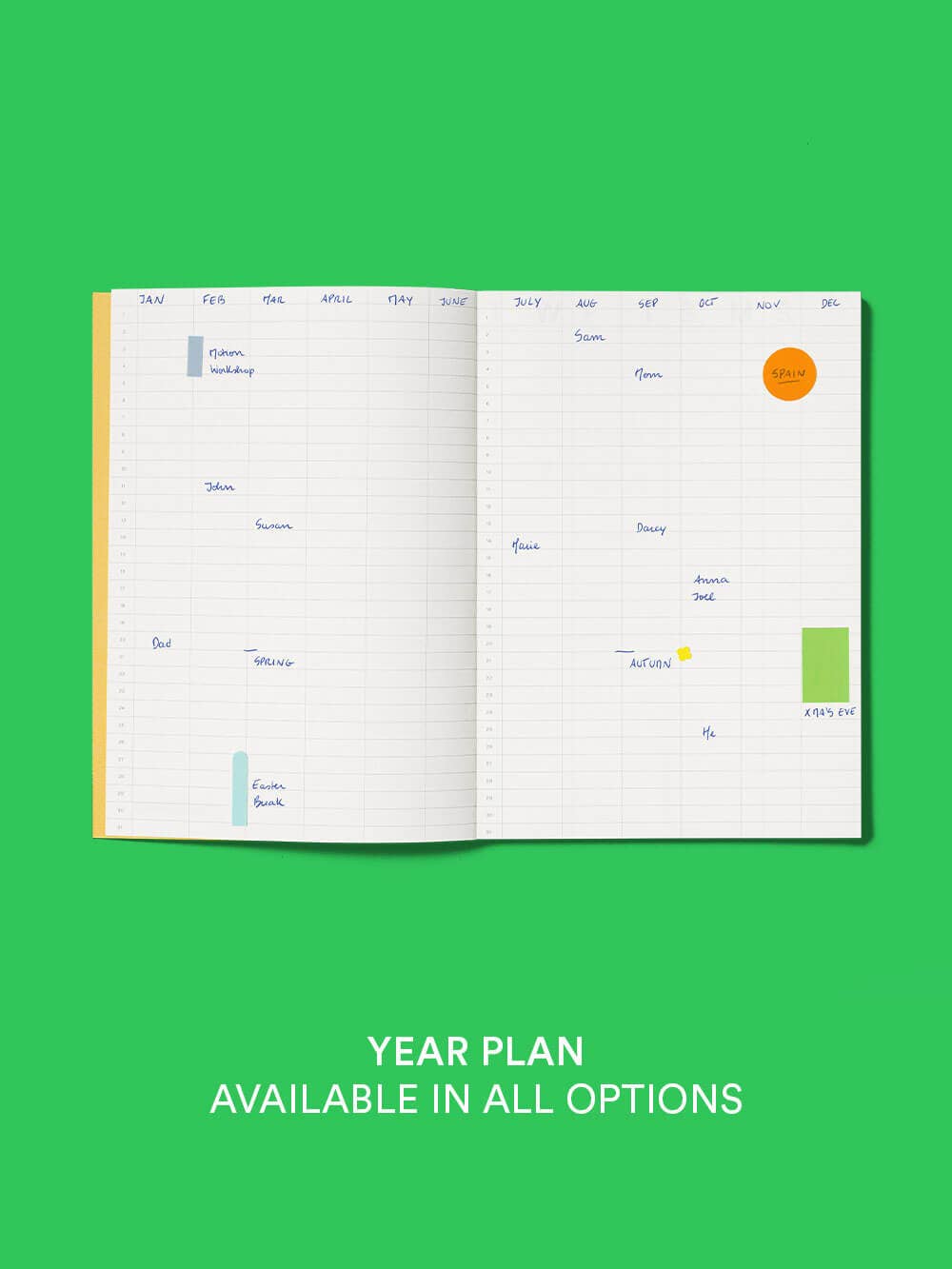 Open planner on a green background with text 'Year Plan Available in All Options'.