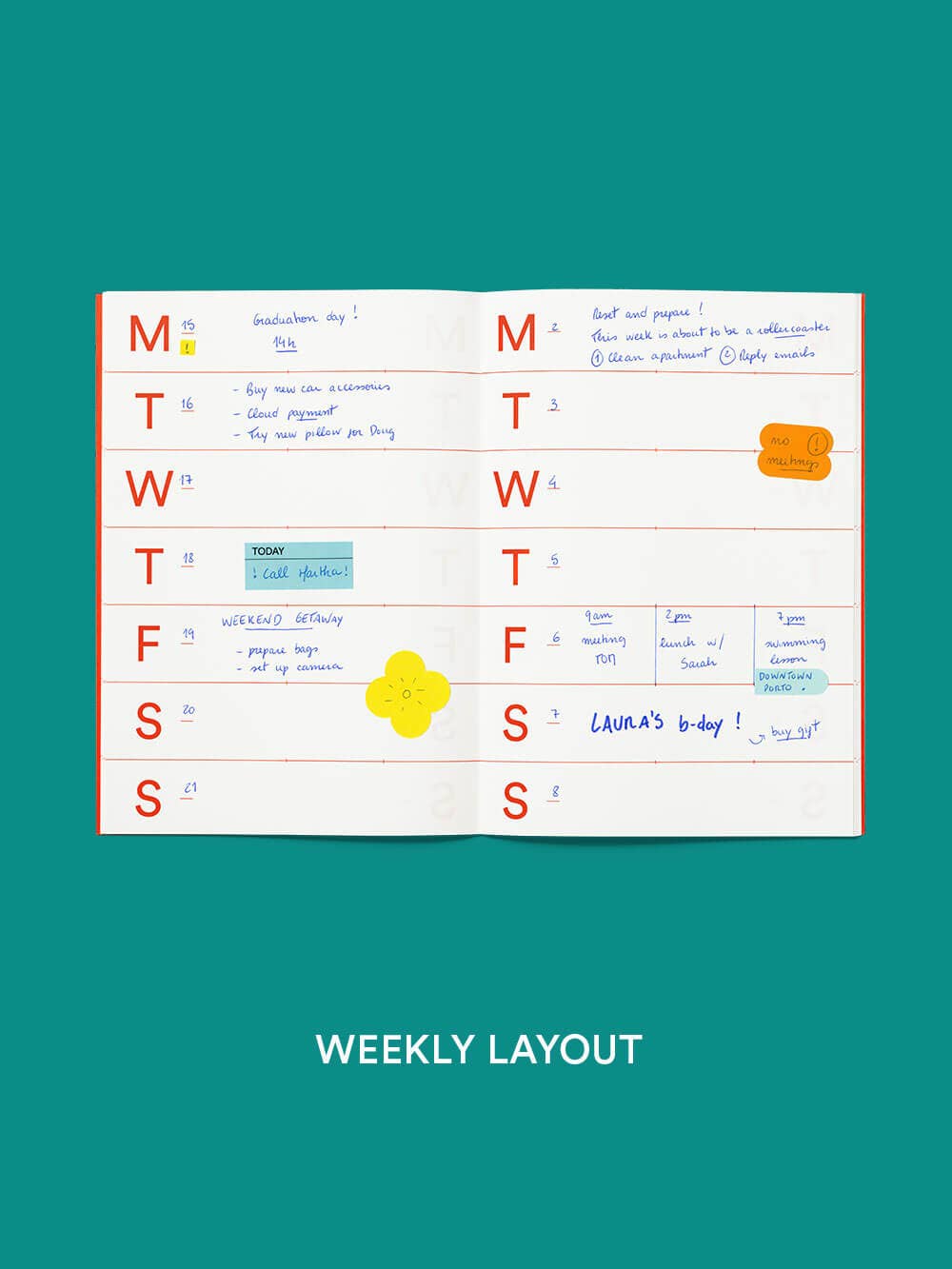Weekly layout planner with days of the week on a teal background