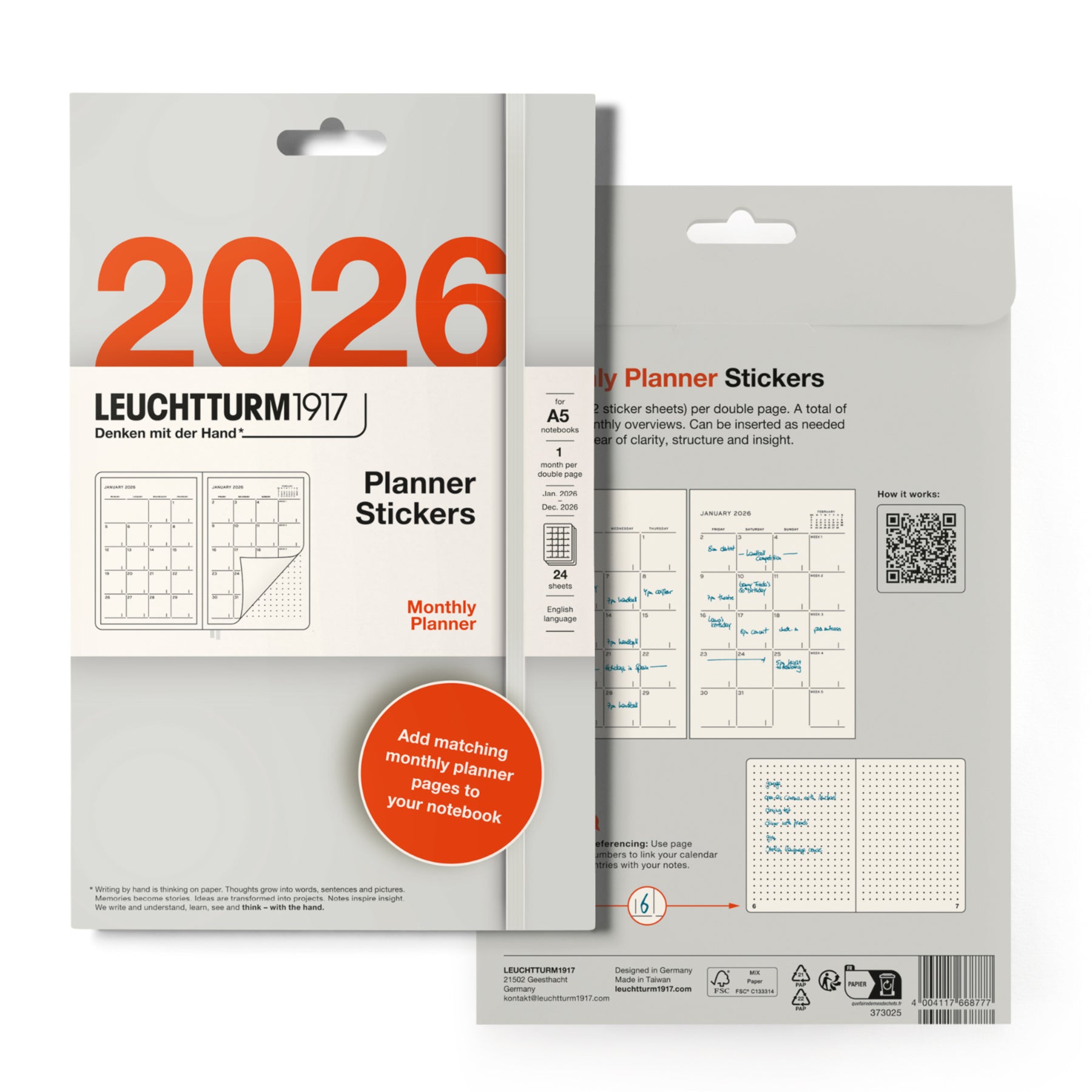 Leuchtturm1917 planner stickers packaging for 2026 with monthly planner design.