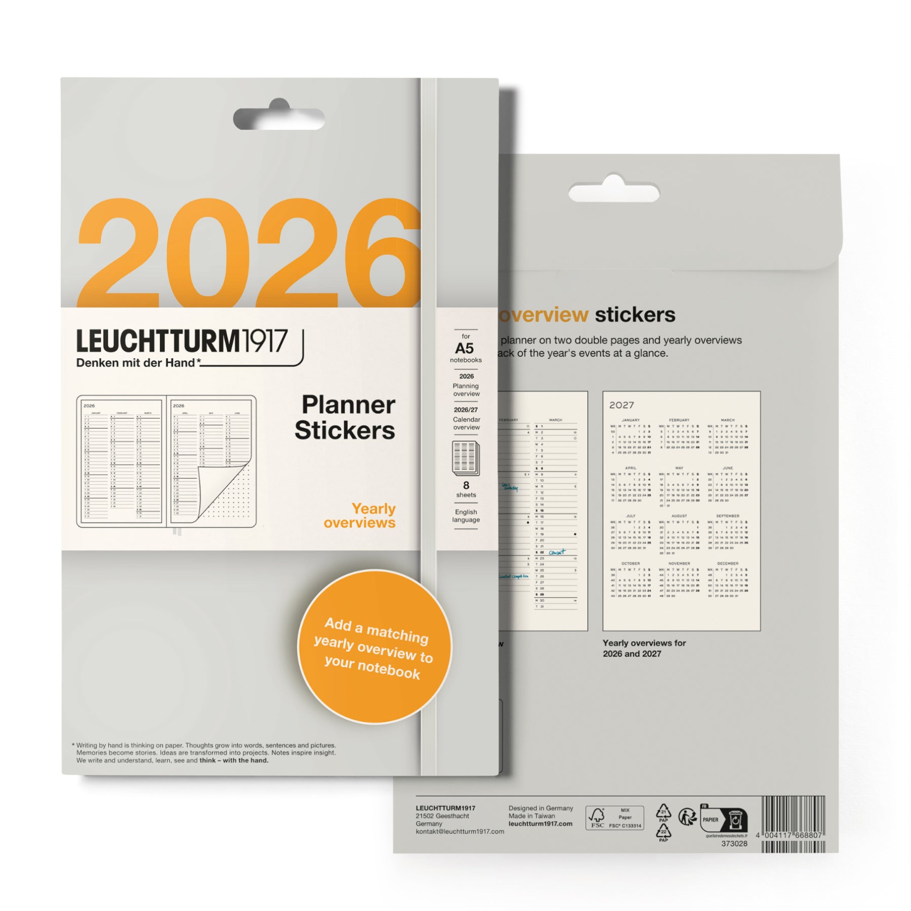 Leuchtturm1917 planner stickers packaging for 2026 with calendar designs.