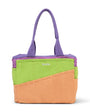 Colorful tote bag with purple handle and green and orange bottom section on a white background