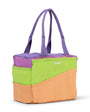 Colorful tote bag with purple, green, and orange sections on a white background