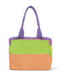 Colorful tote bag with purple handle on a white background