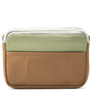 Small pouch with a green top section and brown bottom section on a white background