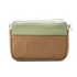 Small pouch with a green top section and brown bottom section on a white background