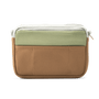 Small pouch with a green top section and brown bottom section on a white background