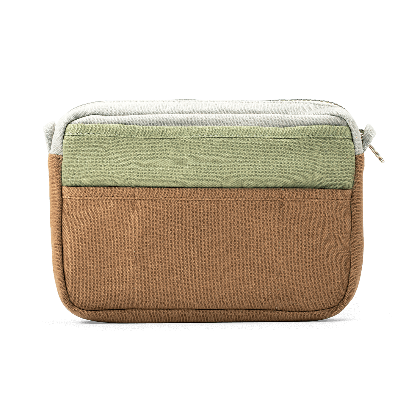 Small pouch with a green top section and brown bottom section on a white background