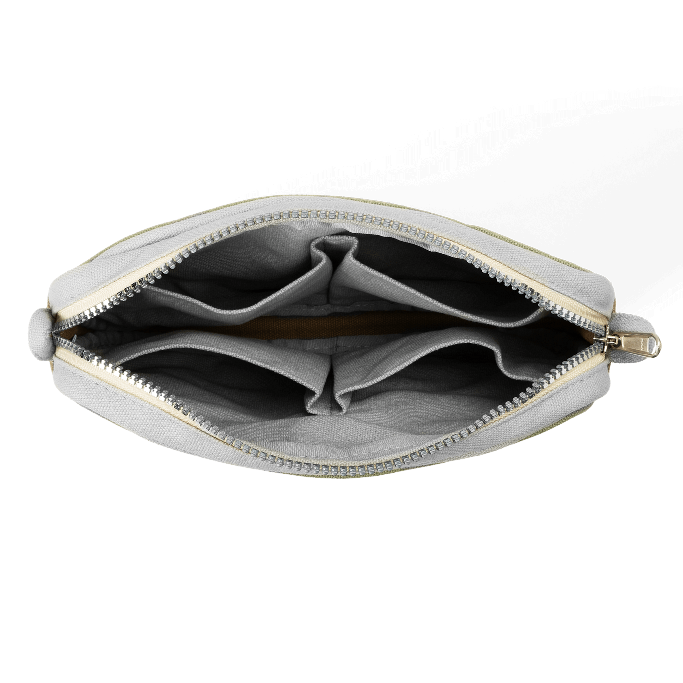 Gray pouch with gold zipper on a black background