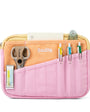 Pink pencil case with compartments for stationery items on a white background