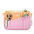 Pink pencil case with compartments for stationery items on a white background