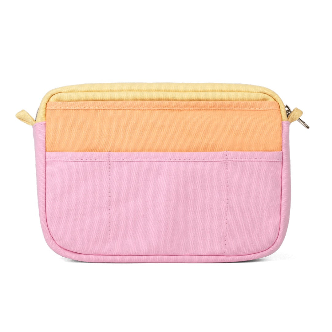 Two-tone pink and yellow pouch on a white background