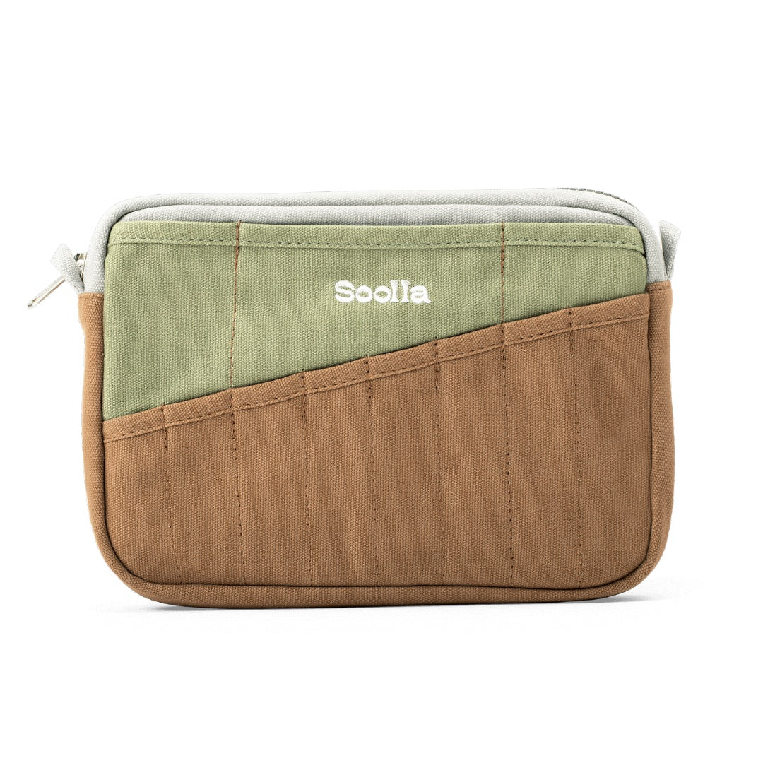 Two-tone brown and green pouch with 'Socca' branding on a white background