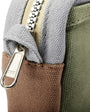 Close-up of a multicolored bag with zipper and keychain attachment.