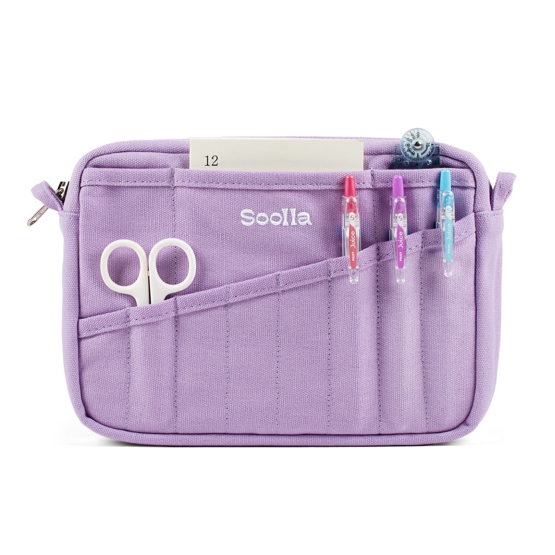 Purple organizer pouch with compartments for stationery items on a white background