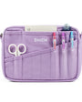 Purple organizer pouch with compartments for stationery items on a white background