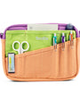 Multicolored organizer bag with scissors and clips on a white background