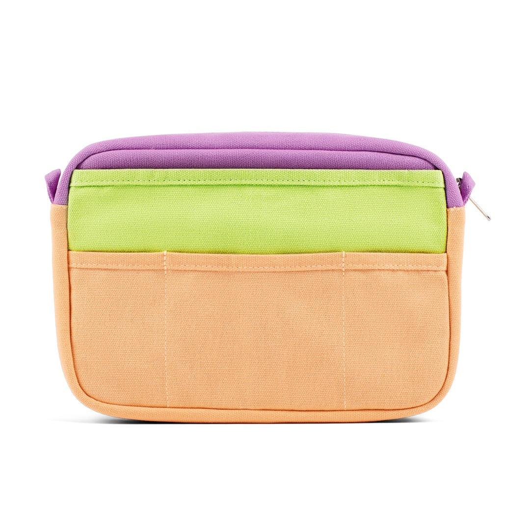 Multicolored pouch with purple top, green middle, and orange bottom on a white background