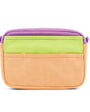 Multicolored pouch with purple top, green middle, and orange bottom on a white background