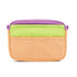 Multicolored pouch with purple top, green middle, and orange bottom on a white background