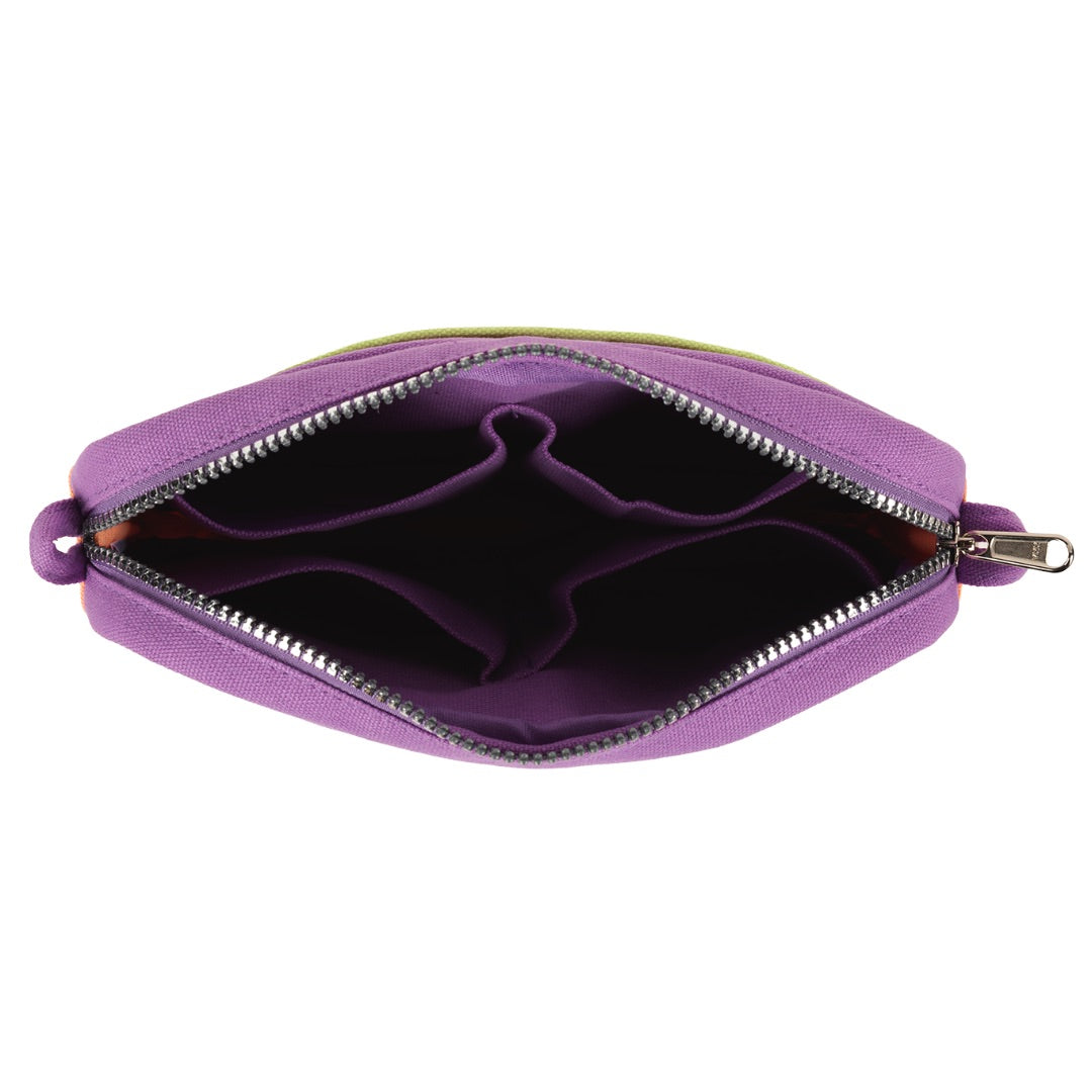 Purple jewelry organizer with compartments on a white background